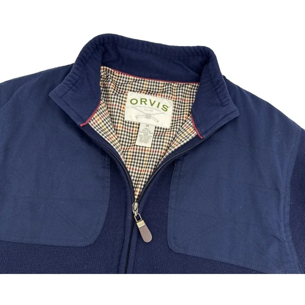 Orvis Men's Wool Sweater Jacket M Full Zip Plaid Lined Navy Shooting Patches